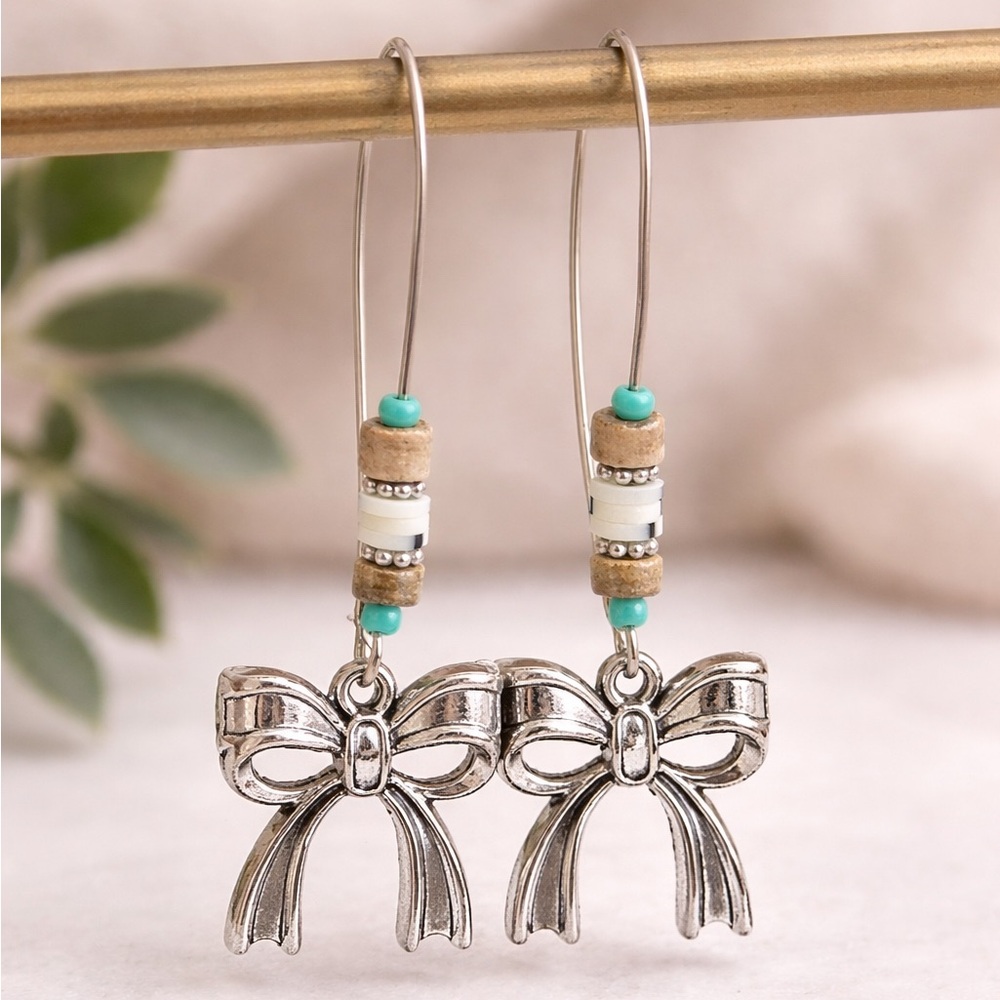 Silver Bow Dangle Earrings w/ Beads | Boho Western Bow Earrings | Cute Statement